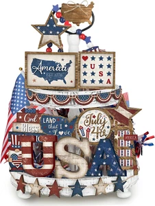 25 Pcs 4Th of July Tiered Tray Decorations Set Wood Patriotic Tiered Tray Decor - Picture 1 of 12