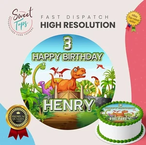Kids Dinosaur Personalised Round Edible Birthday Cake Topper Cake Decoration - Picture 1 of 6