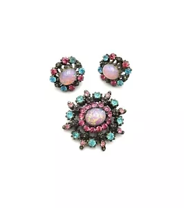 Conjunto de joyas de diamantes de imitación de ópalo de fuego azul rosa Coro de colección años 40 - Imagen 1 de 9