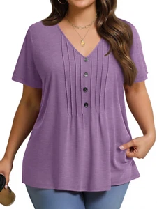 plus Size Blouses for Women Pleated Button Short Sleeve Shirts Casual V Neck Tun - Picture 1 of 12