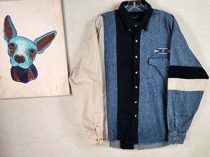 Vtg Wrangler Mens Western Long Sleeve Button Up Shirt Denim Black Cream Size XL - Foto 1 di 10