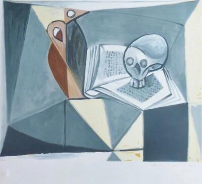 PABLO PICASSO Tete de Mort et Livre FIRMADO A MANO Marina Litografía Calavera y libro a Foto 1 de 4