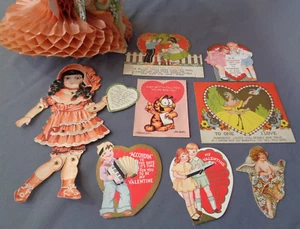 Antique Vintage Valentines 9 pc LOT Mechanical Honeycomb Victorian Embossed ETC - Picture 1 of 12