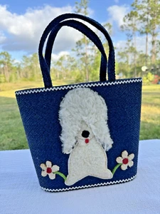 VTG Blue Felt Tote Handbag Poodle Dog Appliqué Metal Frame & Red Lining Retro - Picture 1 of 5