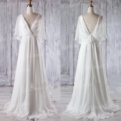 Chiffon Wedding Dresses V Neck Backless Elegant Short Sleeves Bridal Gowns - Image 1 of 4