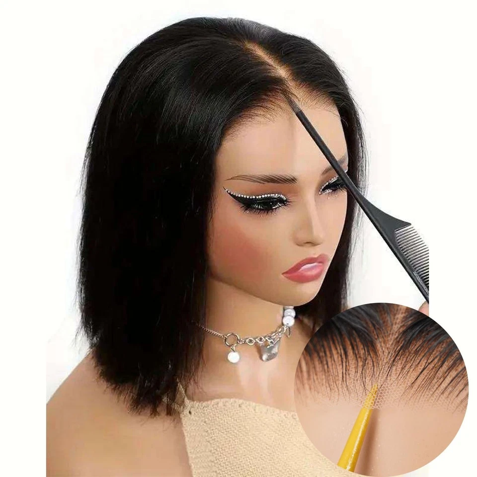 Бесклеевой парик Wear and Go Bob из натуральных человеческих волос предварительно выщипанный парик 4x4 с кружевной передней частью прямой - Изображение 1 из 4