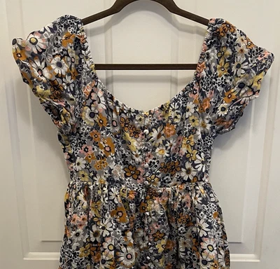 American Eagle Dainty Gray Floral Cotton Mini Dress Tiered Puff Sleeve Women S - Image 1 of 4