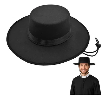 Adult Black Wide Brim Felt Hat Premium Flat Top Hats Amish Style Ranch Cowboy... - Image 1 of 4