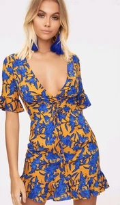 Pretty Little Thing Mustard Yellow Floral Swing Corset Mini Dress US 8 UK 12 - Picture 1 of 12