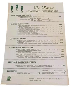Vintage Olympic Hotel Seattle WA Luncheon Menu March 25 1960 - Picture 1 of 2