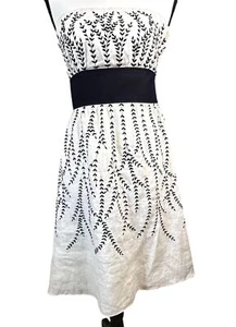 Ann Taylor Womens Dress Strapless White Embroidered Black Waist Linen Fairy - Picture 1 of 10