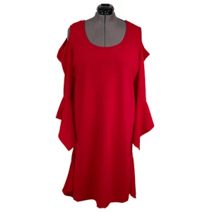 ASHLEY STEWART NWT Sz 18 Red Midi Dress Bell Sleeve Cold Shoulder Plus Size - Picture 1 of 4