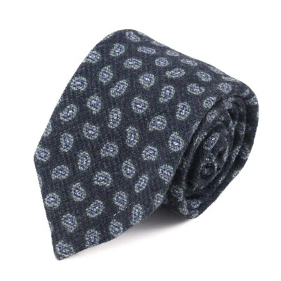 Isaia Napoli Dark Blue and Green Paisley Print Soft Wool Tie NWT - Image 1 of 4