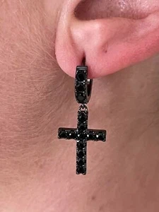NEW Real Solid 925 Silver Men Ladies Dangle Cross Hoop Earrings Iced Black gifts - Picture 1 of 14