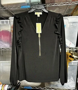 MICHAEL Michael Kors Basics Black Ruffled Long Sleeve Blouse with Gold Zipper - Picture 1 of 14