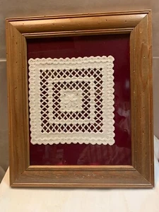 Lace crochet doilies Antique rare 6 1/2"X6 1/2" in frame with history - Picture 1 of 5