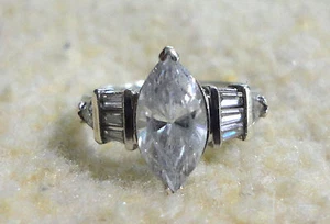 10k White Gold Cubic Zirconia Marquise BaguetteTrillion Engagement Ring Size 6.5 - Picture 1 of 11