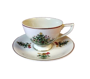 Lefton China Christmas Tree Cup Saucer Footed Handpainted 1298 Gold Trim Vintage - Picture 1 of 8