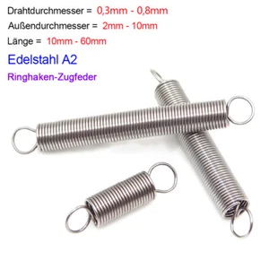 Zugfeder mit Öse,Zugfedern Feder Edelstahl,d=0,3-0,8 mm,Ø 2-10 mm,L=10-60 mm 5St - Picture 1 of 6