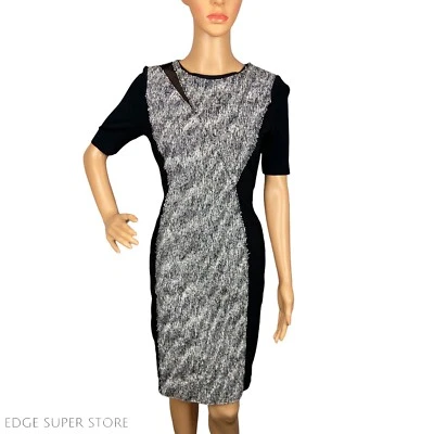 Elie Tahari Black White Tweed Short Sleeve Mesh Trim Pencil Zip Up Dress Size 2 - Image 1 of 4