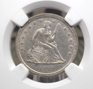 Cuarto de plata libertad sentada 1859 "P" 25c NGC AU55 #008 sobre unc ECC&C, Inc. - Imagen 1 de 5
