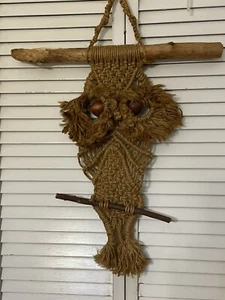 Vintage 70’s MCM Owl Macrame Jute Wall Hanging Boho Bead Folk Art Decor Handmade - Picture 1 of 7