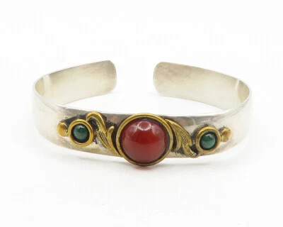 LOUIS BOOTH 925 Silver  Vintage Carnelian & Malachite Cuff Bracelet BT4681 - Image 1 of 4