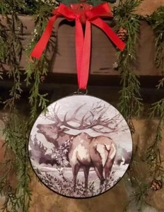 NWT 6" Rustic Bugling ELK DEER Scene Metal CHRISTMAS Domed Disk ORNAMENT - Picture 1 of 1