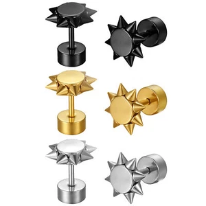 Punk Men Women Stainless Steel Fake Plugs Spike Dumbbell Stud Earrings 6mm-10mm - Picture 1 of 21