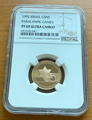 Israel 1992 Gold 1/4 oz 5 New Sheqalim NGC PF69UC Paralympic Games - Image 1 of 2