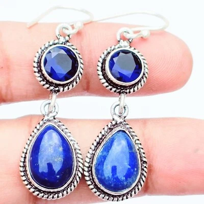 Natural Lapis Lazuli Gemstone Handmade Dangle Erring's,925 Sterling Silver Drop - Image 1 of 4
