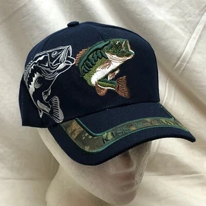 Kiss my Bass Fishing Cap Blue All Embroidered Hat Strapback One Size Fits Most - Picture 1 of 8