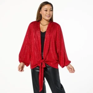 Colleen Lopez Textured Knit Tie Front Topper Size Large Crimson Red Holiday Chic - Picture 1 of 6