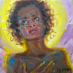 Original Painting by Darlene Pucillo, Tearful Angel 5x5" - sad emotion prayer - Picture 1 of 4