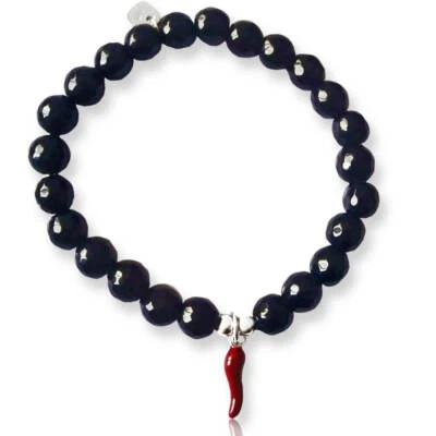 Braccialetto elastico con cristallo nero sfaccetto e cornetto in argento 925 - Immagine 1 di 2