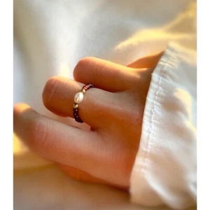 Pearl & Red Garnet Faceted Round Beads Handmade Stretchable Rings Woman Girls - Picture 1 of 8