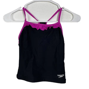 Speedo Girls Black Pink Tankini Swim Top Size 8 Racerback Ruffle Trim Swimwear - Picture 1 of 4