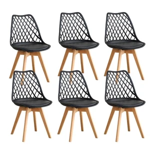 6x Sedie da pranzo cucina, design a griglia, nere con gambe in faggio e cuscino - Foto 1 di 11