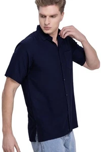 LA LEELA Mens Short Sleeve Button Down Shirts Solid Shirt Casual M Navy, Plain - Picture 1 of 3