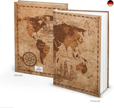 LOGBUCHVERLAG Blanko-Notizbuch, DIN A4: Tagebuch mit Weltkarte, XXL Note Book, Journal für