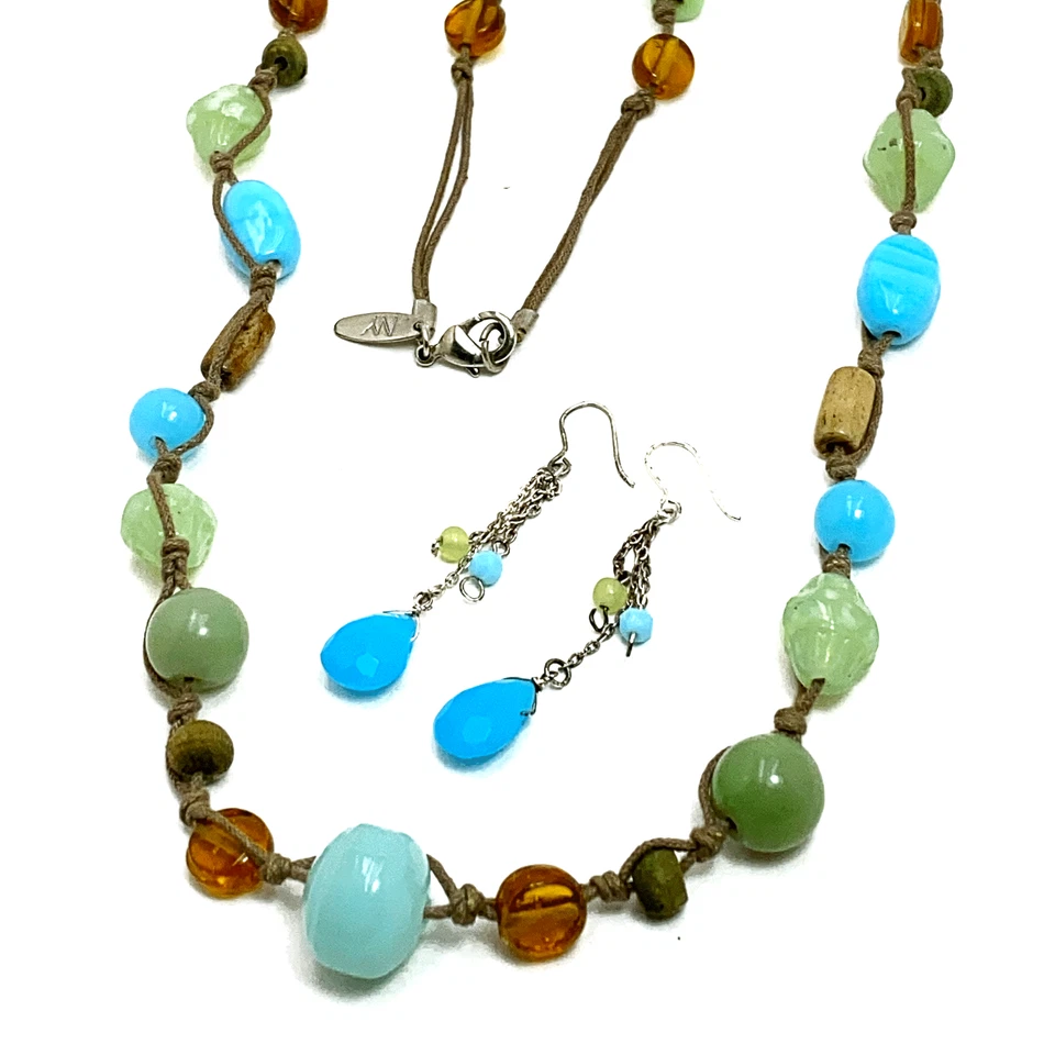 Colar Boho Brincos Pendurados Azul Aqua Contas de Vidro Verde Cordão Atado NY & Co - Imagem 1 de 4