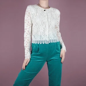 VINTAGE 90s Cream Ivory Floral Crop Lace Womens Blouse Sheer Evening Top XS 6 8 - Picture 1 of 12