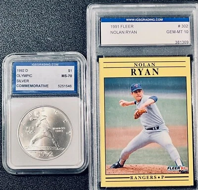 1992 Olympic Proof Commemora 90% Silver Dollar Coin & Graded  NOLAN RYAN CARD - Image 1 of 4