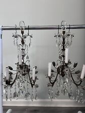 PAIR Crystal Beaded Bronze French Tile Wall Sconces Chandelier