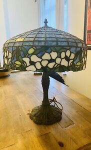 ART DECO TIFFANY STYLE FLOWER OLD LEAD STAINED GLASS TABLE LAMP - Large & Rare 