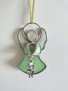 Stained Glass Angel Sun Catcher By Ganz Green With Silver Frog Charm Ornament 3" - Picture 1 of 6