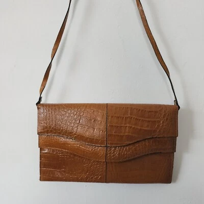 Vintage Amelia Berko Brown Shoulder Bag Snap Close Flap Leather Croc Embossed - Image 1 of 4