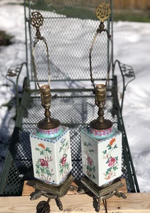 2 antike chinesische Sechseck FAMILLE ROSE Porzellan Vase, Lampen RAR - Bild 1 von 12