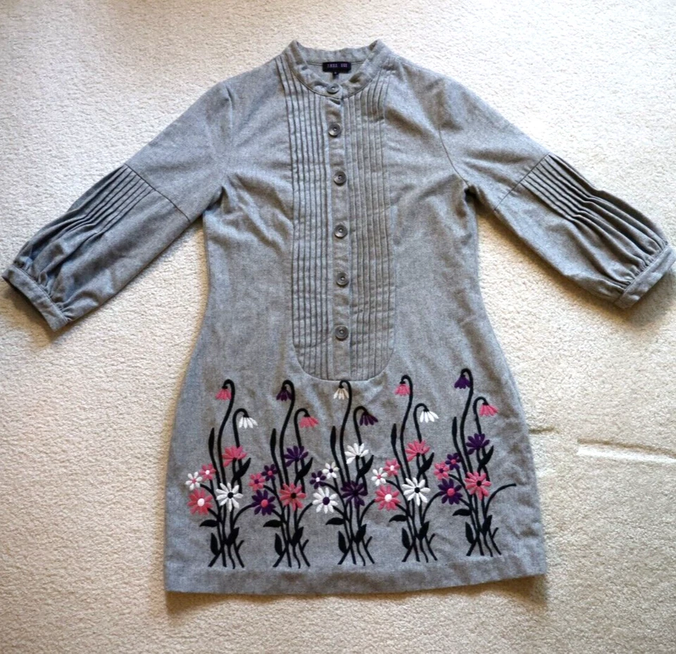 Vestido Anna Sui bordado para mujer talla 6 gris mangas campana lana/algodón  Foto 1 de 4