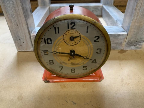 Rare Ingraham Salute Alarm Clock Orange Metal Frame Works Vintage Antique Deco Cover